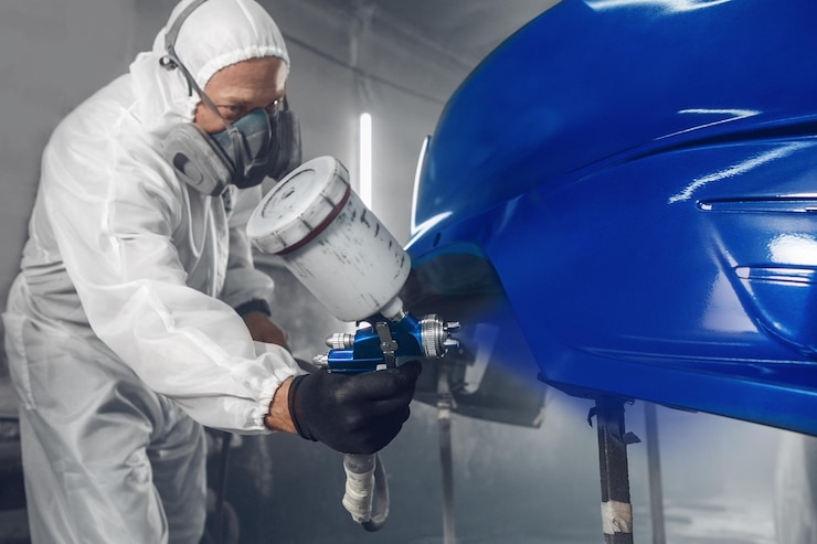 Foto artista reparador de automóveis usando roupas de trabalho protetoras com pintura de spray de aerógrafo na carroceria do automóvel