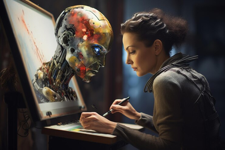 Foto artista robô colaborando com um humano em um live 00494 00