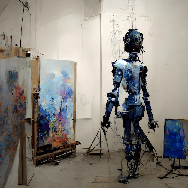 Artista robot antropomórfico en el estudio junto a la pintura de caballete y pinturas mientras trabaja