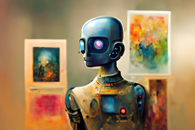 Artista robot antropomórfico en su estudio retrato cercano red neuronal ai arte generado