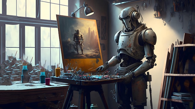 Artista robot en el estudio junto a su pintura de caballete y pinturas mientras trabaja con arte generado por la red neuronal ai
