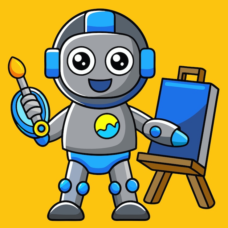 Foto un artista robot feliz sostiene un pincel y un caballete