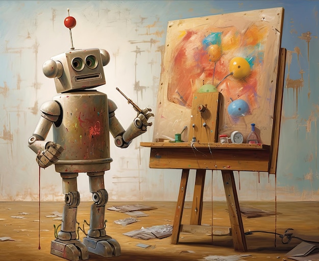 Artista robot junto a su caballete trabajando en su taller.