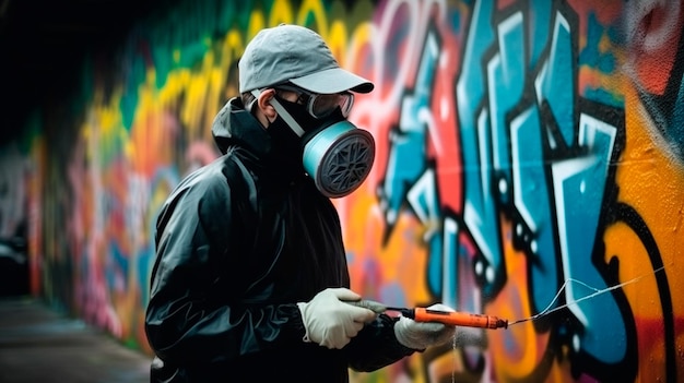 Foto artista rociador de graffiti con máscara en una escena colorida ia generativa