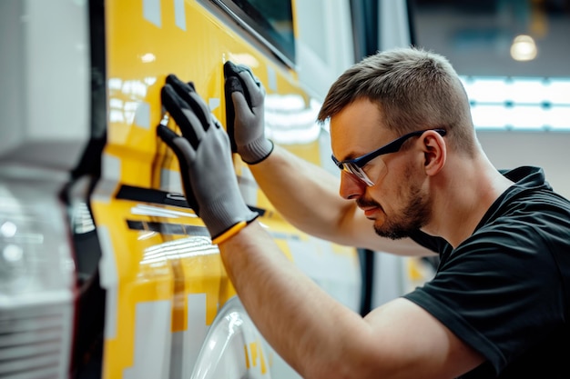 Un artista en ropa de trabajo está pintando una furgoneta amarilla en un evento