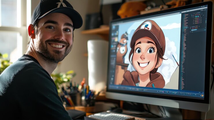Foto un artista sonriente se sienta en su computadora y mira a la cámara mientras trabaja en una ilustración digital de una mujer en la pantalla