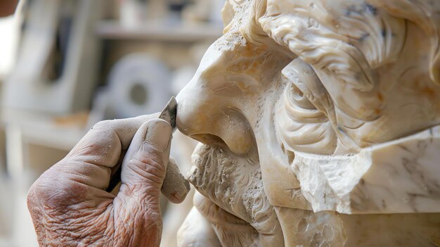 Foto un artista está tallando cuidadosamente una escultura de mármol con un cincel en la mano los detalles intrincados de la escultura son visibles en la vista de cerca