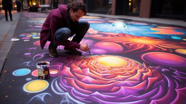 Artista de tiza crea arte callejero vibrante sobre el asfalto Hermosa imagen ilustrativa IA generativa