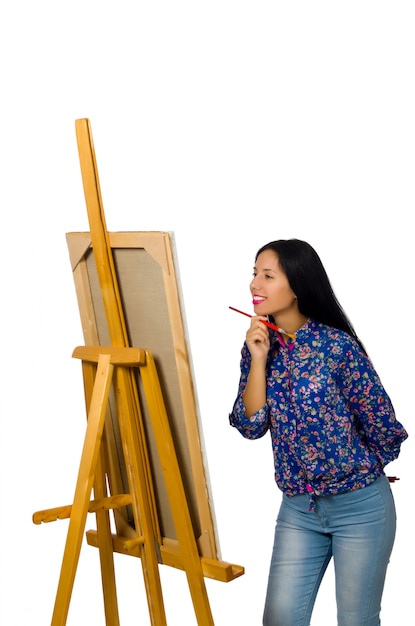 Artista trabajando en la paleta aislada en blanco