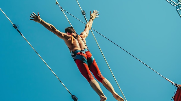 Artista de trapecio masculino actuando muy por encima del suelo