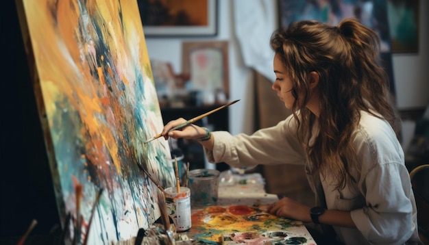 Artistas criativos em estúdio de arte realizam pinturas multicoloridas com concentração gerada por IA