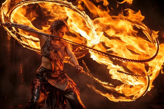 Artistas de fogo girando bastões em chamas