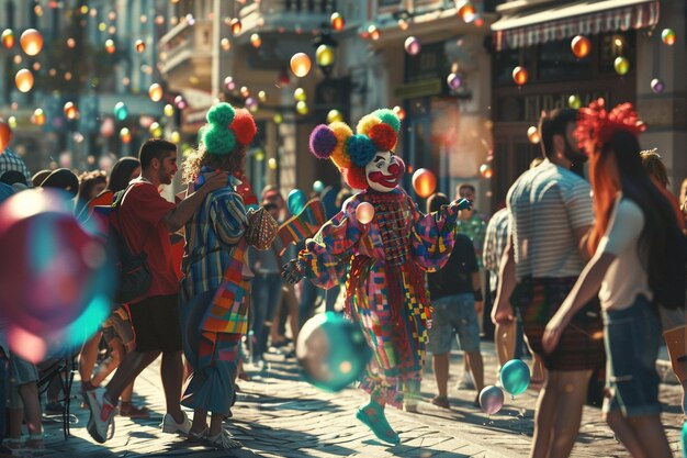 Foto artistas de rua coloridos entretendo uma multidão