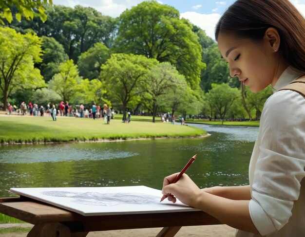 Artistas desenhando o cenário do parque seus lápis capturando cada detalhe