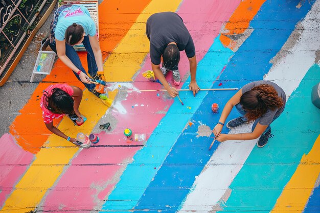 Artistas pintando coloridos murales en una calle de la ciudad