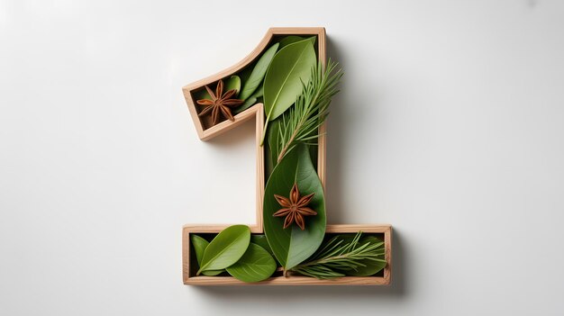 Artistic number one crafted with natural greenery and aromatic star anise on white background