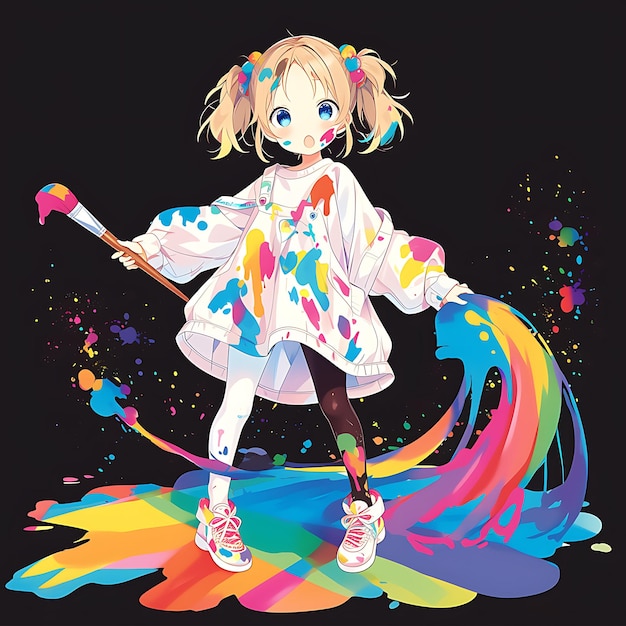 Foto artística niña de 6 años en una pintura salpicada smock legging moda ropa diseño concepto anime