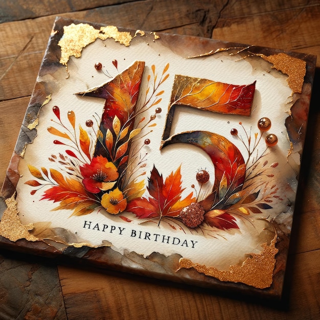 Artística tarjeta de cumpleaños 15 con toque de otoño