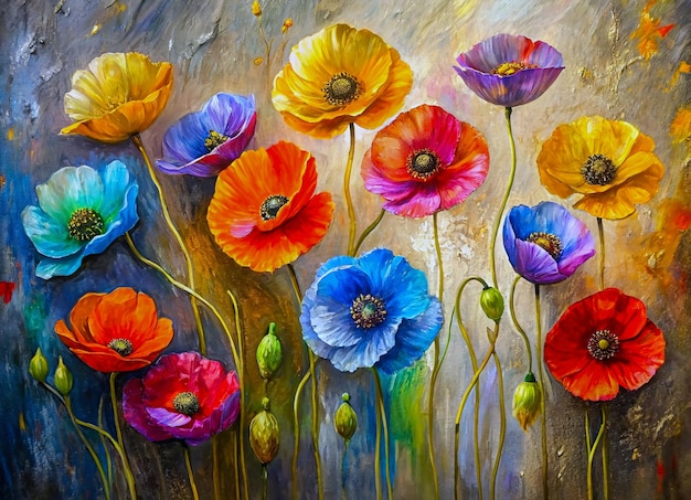 Artístico colorido flores de amapola fondo pintura al óleo arte
