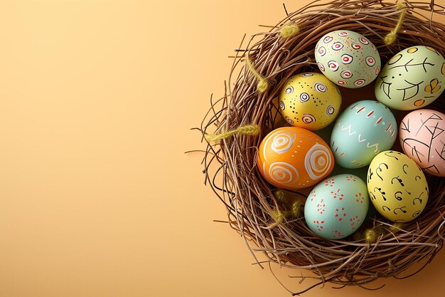 Foto artístico conjunto de huevos de pascua decorados en el nido