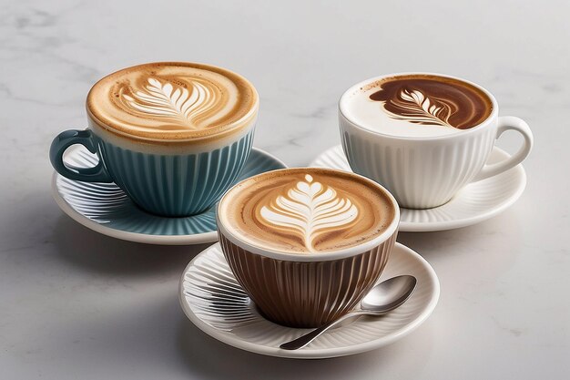 Artístico trío de café latte en tazas de costillas