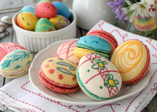 Artísticos macarrones en forma de huevo con vibrantes colores del arco iris