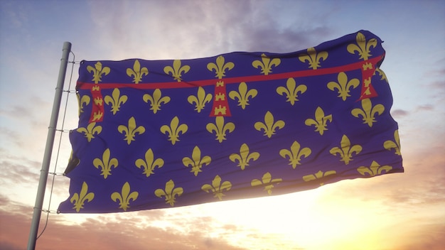 Artois-Flagge, Frankreich, weht im Wind-, Himmels- und Sonnenhintergrund. 3D-Rendering.