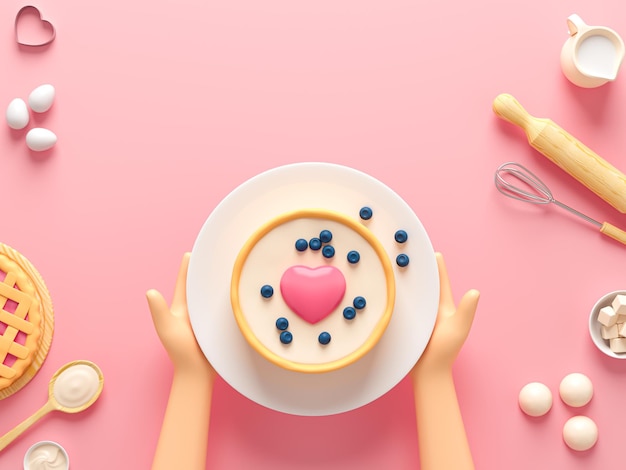 Artoon manos de un chef sosteniendo una tarta de queso con arándanos y un corazón en un plato 3D Render