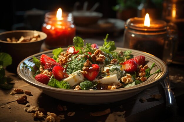 Arugulasalat mit Erdbeeren und Nüssen in einem landesweiten Szenario generative IA