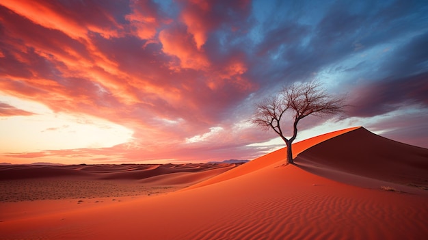 árvore arafada no deserto com um céu vermelho ao fundo IA generativa