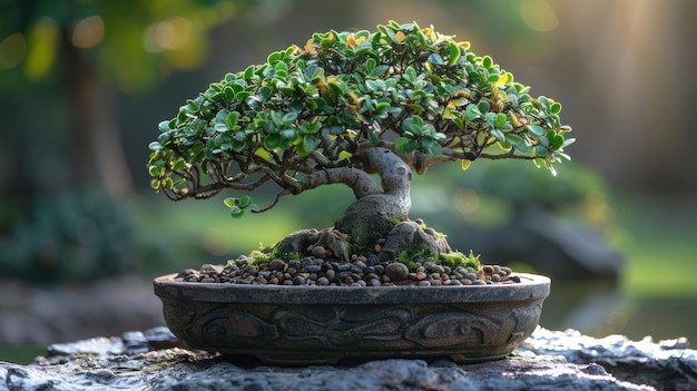 Árvore bonsai em uma panela em uma pedra