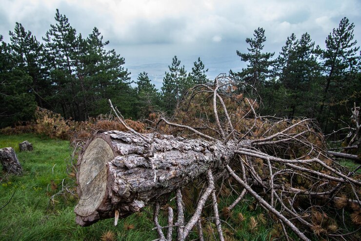 Foto árvore cortada em uma floresta preparada para lenha