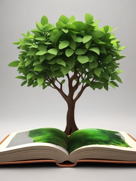 Foto Árvore crescendo a partir de um livro aberto conceito de reciclagem alternativa na concepção de acesso à informação relativa à natureza e forma de educação ilustração 3d