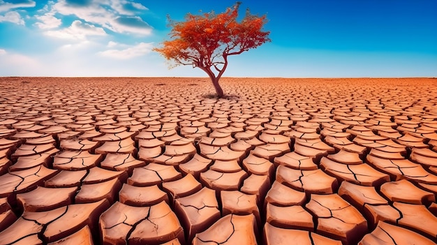 árvore crescendo em terra seca e rachada no deserto