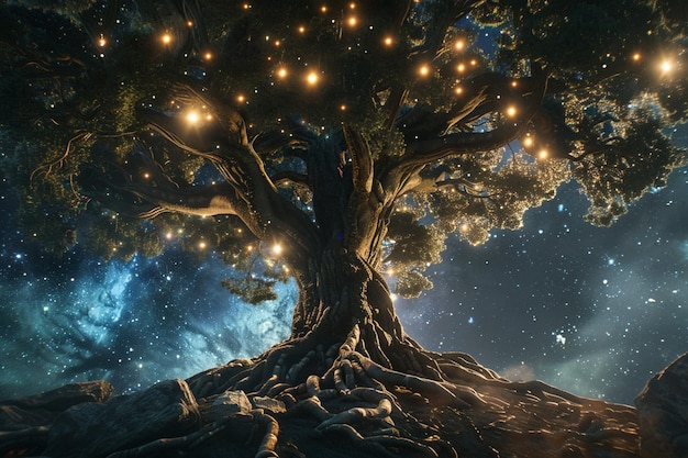 Árvore da vida com raízes que se estendem para o cosmos