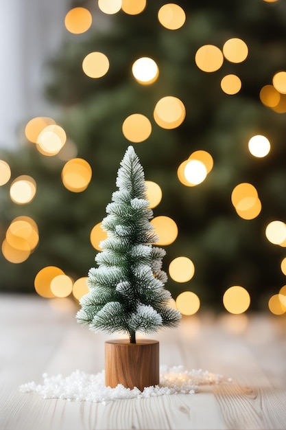 árvore de abeto de Natal e decoração em mesa de madeira Bokeh fundo