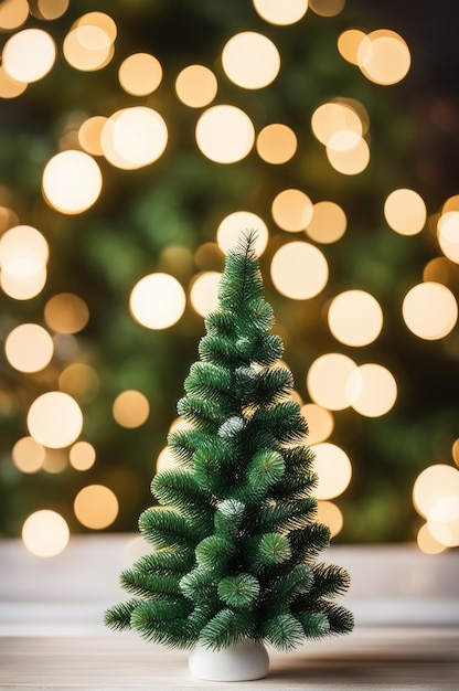 árvore de abeto de Natal e decoração em mesa de madeira Bokeh fundo