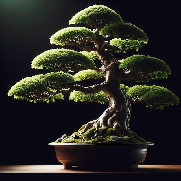 Foto Árvore de bonsai em uma panela isolada em fundo escuro com luz lateral gerada por ia