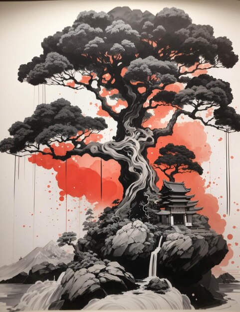 Foto Árvore de bonsai preto e branco sumi ilustração de tinta e pintura tradicional lavada arte vintage