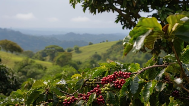 Árvore de café com grãos de café vermelhos na plantação de café Generative AI