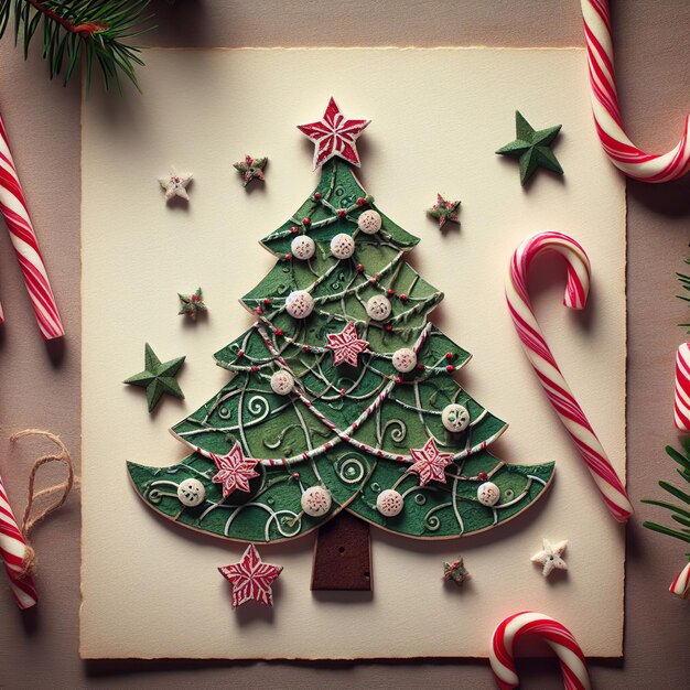 Árvore de cartão de Natal e bastões de doces em fundo de papel