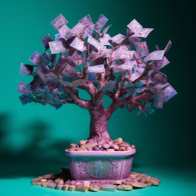 Foto Árvore de dinheiro de dólares conceito de árvore de dinheiro com espaço para texto ou espaço de cópia dólar bitcoin crypto