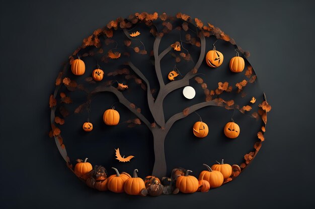 árvore de Halloween com estilo de arte de papel de abóboras fundo gerado por IA