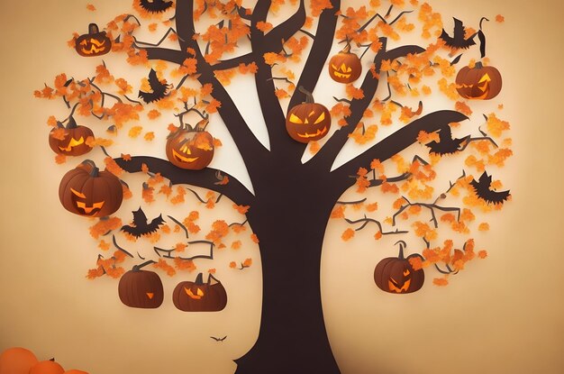 árvore de Halloween com estilo de arte de papel de abóboras fundo gerado por IA