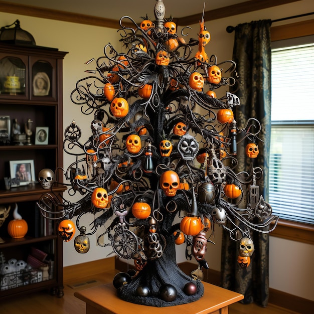 Foto Árvore de halloween com uma decoração macabra