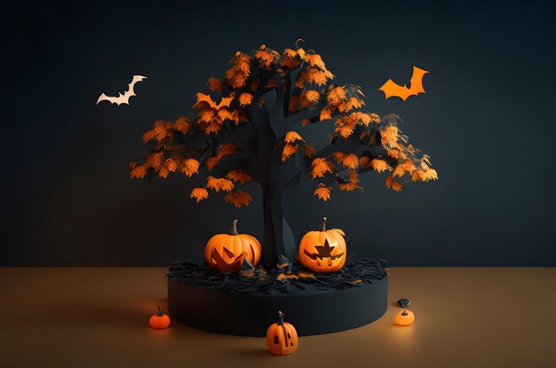 árvore de halloween em um pódio estilo de arte de papel ai gerado fundo