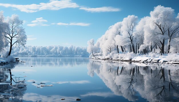 Foto Árvore de inverno se reflete em lago congelado criando paisagem nevada tranquila gerada por ia