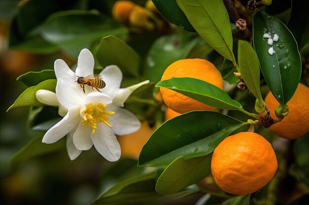 Árvore de laranja cheia de frutos maduros e abelhas zumbindo IA generativa