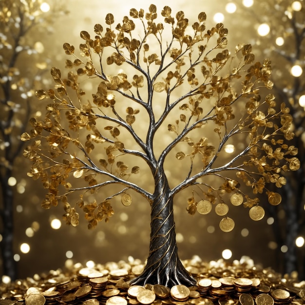Foto Árvore de metal dourado com moedas deixa ia generativa