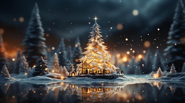 árvore de Natal 3D com iluminação e inverno de neve